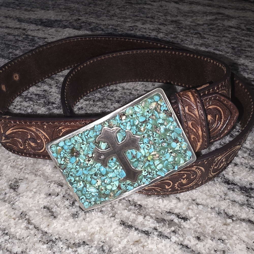 Elegant Brown Belt with Turquoise Embellished Buckle